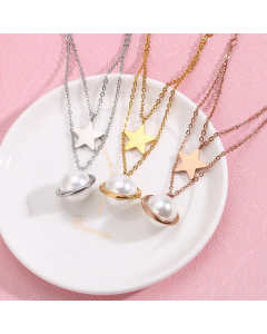 Fashion Inlay Artificial Pearls Pentagram Heart Shape Titanium Steel Pendant Necklace CA07830261