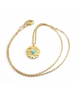 Vintage Pentagram Round Stainless Steel Titanium Steel Plating Inlay Turquoise Necklace CA07830266