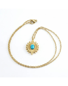 Retro Oval Inlay Turquoise Pendant Stainless Steel Plating Necklace CA07830267