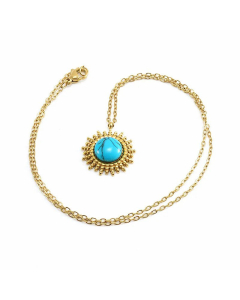 Simple Style Round Flower Plating Inlay Turquoise Titanium Steel Pendant Necklace CA07830268