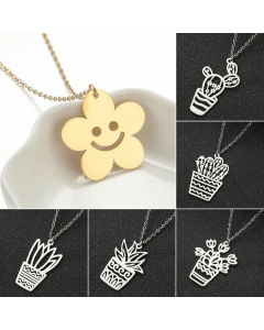Flower Cactus Potted Leaves Pendant Titanium Steel Plating Necklace CA07830275