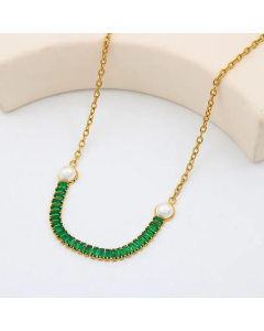 Glam Plating Artificial Pearls Zircon Stainless Steel Titanium Steel Necklace CA07830282-01-Green