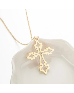 Hollow Out Sun Cross Moon Pendent Titanium Steel Plating Necklace CA07830291-Gold Color-01