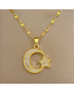 Fashion Inlaid Zircon Star Moon Stainless Steel Pendant Necklace CA07830305