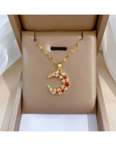 Simple Style Inlay Rhinestones Round Moon Stainless Steel Pendant Necklace CA07830309