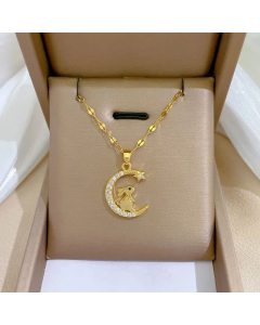 Fashion Rabbit Star Moon Inlay Rhinestones Pendant Stainless Steel Necklace CA07830311