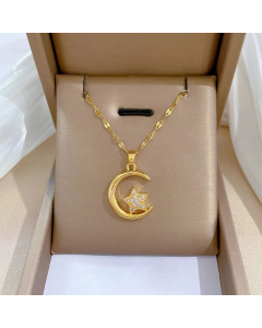 Fashion Moon Inlay Zircon Star Pendent Stainless Steel Necklace CA07830313