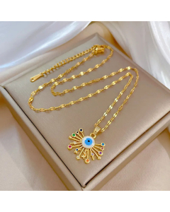 Fashion Devil's Eye Star Moon Inlay Rhinestones Stainless Steel Pendant Necklace CA07830314