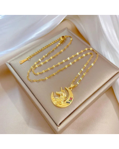 Retro Inlay Rhinestone Moon Stainless Steel Pendant Necklace CA07830315