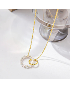 Two Circle Interlocking Titanium Steel Plating Artificial Pearls Necklace CA07830320