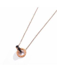 Classic Two Circle Plating Rhinestones Pendant Titanium Steel Necklace CA07830339-Rose Gold Color-Black