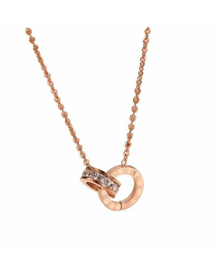 Classic Two Circle Plating Rhinestones Pendant Titanium Steel Necklace CA07830339-Rose Gold Color-White