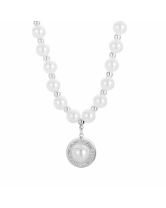 French Style Round Stainless Steel Imitation Pearl Plating Inlay Artificial Diamond Pendant Necklace CA07830359-Steel Color-01