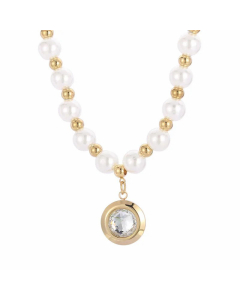 French Style Round Stainless Steel Imitation Pearl Plating Inlay Artificial Diamond Pendant Necklace CA07830359-Gold Color-01