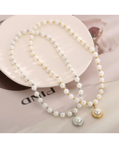French Style Round Stainless Steel Imitation Pearl Plating Inlay Artificial Diamond Pendant Necklace CA07830359