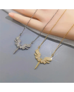 Full Diamond Angel Titanium Steel Plating Zircon Pendant Necklace CA07830366