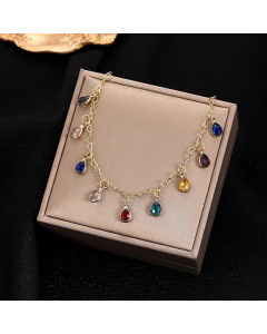 Luxurious Water Droplets Inlay Crystal Rhinestones Stainless Steel Chain Necklace CA07830369