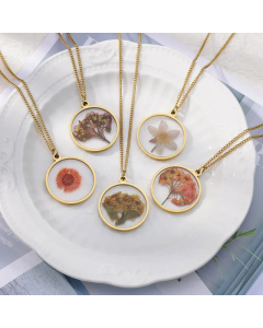 Retro Round Flower Inlaid Resin Pendant Stainless Steel Necklace CA07830378