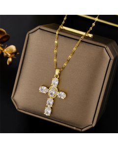 Minimalism Cross Pendent Titanium Steel Plating Artificial Rhinestones Necklace CA07830401