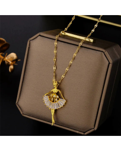 Refined Ballerina Girl Pendent Titanium Steel Plating Zircon Necklace CA07830405