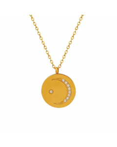 Retro Round Moon Inlaid Zircon Pendant Titanium Steel Necklace CA07830419