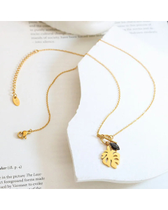 OT Buckle Leaf Inlay Glass Stone Pendant Titanium Steel Necklace CA07830426