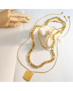 Long Thick Straps Square Pendent Titanium Steel Plating Beaded Necklace CA07830429