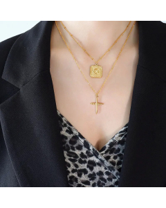 Casual Plating Layered Cross Letter Square Pendent Titanium Steel Necklaces CA07830435