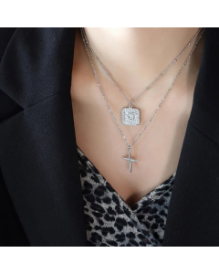 Casual Plating Layered Cross Letter Square Pendent Titanium Steel Necklaces CA07830435