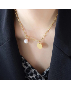 Simple Style Oval Inlay Freshwater Pearl Pendent Titanium Steel Necklace CA07830462