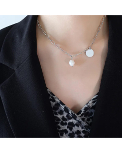 Simple Style Oval Inlay Freshwater Pearl Pendent Titanium Steel Necklace CA07830462