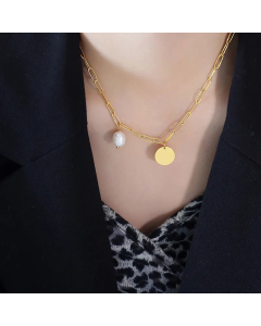 Simple Style Oval Inlay Freshwater Pearl Pendent Titanium Steel Necklace CA07830462