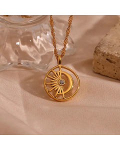 Fashion Sun Moon Inlay Rhinestones Pendant Stainless Steel Necklace CA07830463