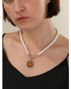 Smiley Face Plating Inlay Rhinestones Pendant Stainless Steel Pearl  Beaded Necklace CA07830465