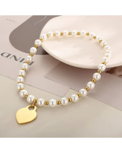 Retro Heart Pendent Stainless Steel Imitation Pearl Beaded Necklace CA07830466