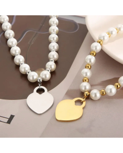 Retro Heart Pendent Stainless Steel Imitation Pearl Beaded Necklace CA07830466