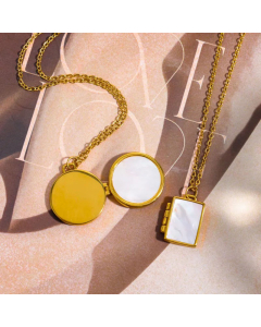Round Rectangle Photo Frame Plating Inlay Shell Pendant Stainless Steel Necklace CA07830468