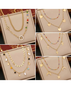 Vacation Cross Heart Shape Monn Star Stainless Steel Plating Layered Necklaces CA07830476