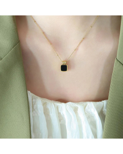 Elegant Square Inlay Acrylic Shell Pendant Titanium Steel Necklace CA07830478-Gold Color-Black