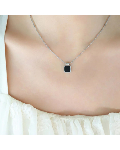 Elegant Square Inlay Acrylic Shell Pendant Titanium Steel Necklace CA07830478-Steel Color-Black