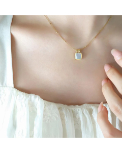 Elegant Square Inlay Acrylic Shell Pendant Titanium Steel Necklace CA07830478-Gold Color-White