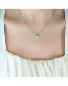 Elegant Square Inlay Acrylic Shell Pendant Titanium Steel Necklace CA07830478-Steel Color-White
