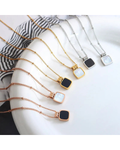 Elegant Square Inlay Acrylic Shell Pendant Titanium Steel Necklace CA07830478