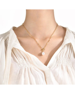 OT Buckle Pearl Pendent Stainless Steel Titanium Steel Plating Necklace CA07830490