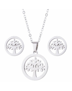 1 Set Hollow Out Round Plant Pendent Titanium Steel Plating Necklace Earrings CA07830507-Steel Color-01