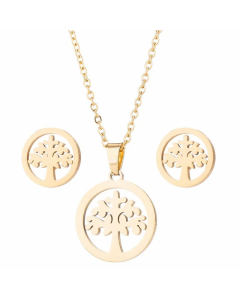 1 Set Hollow Out Round Plant Pendent Titanium Steel Plating Necklace Earrings CA07830507-Gold Color-01