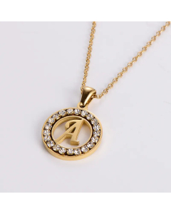 Hollow Out Round Letter Inlay Rhinestones Diamond Pendant Stainless Steel Necklace CA07830508