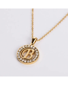 Hollow Out Round Letter Inlay Rhinestones Diamond Pendant Stainless Steel Necklace CA07830508