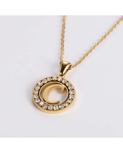 Hollow Out Round Letter Inlay Rhinestones Diamond Pendant Stainless Steel Necklace CA07830508