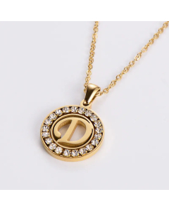 Hollow Out Round Letter Inlay Rhinestones Diamond Pendant Stainless Steel Necklace CA07830508